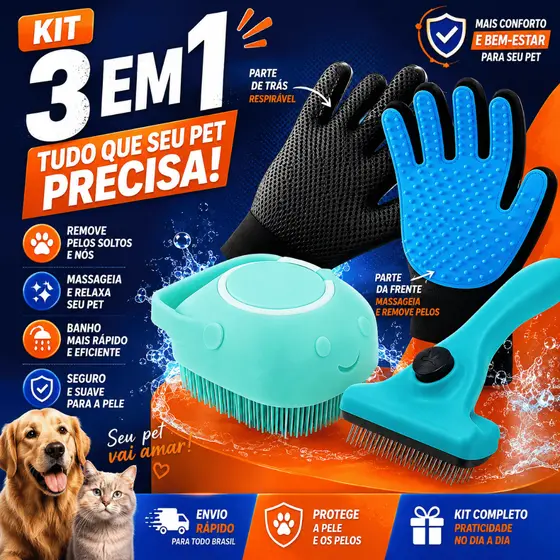 Kit Banho 3 em 1 Luva Tira Pelos Nano + Escova Lava Pet Silicone Dispenser + Pente Escova Removedora