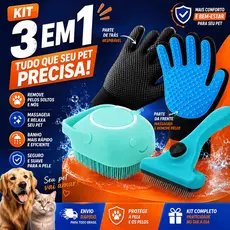 Kit Banho 3 em 1 Luva Tira Pelos Nano + Escova Lava Pet Silicone Dispenser + Pente Escova Removedora