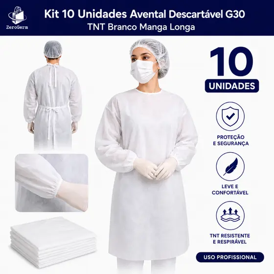 Aventais Descartáveis G30 TNT Branco Manga Longa - Kit 10 Unidades
