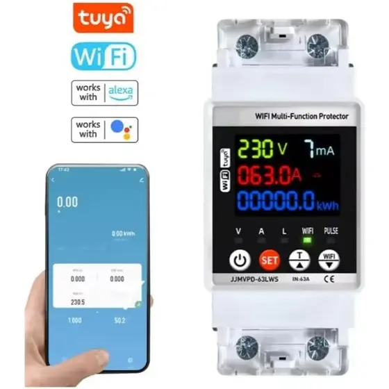 Disjuntor Interruptor Inteligente WiFi Tuya 63A Medidor de Energia com Timer, Proteção contra Tensão e Vazamento
