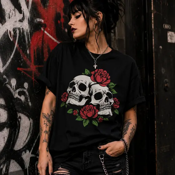 Camiseta Feminina Rock Caveira Estilo Punk Blusa Preta Algodão Moda Rock In Rio Casual
