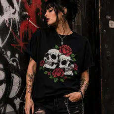 Camiseta Feminina Rock Caveira Estilo Punk Blusa Preta Algodão Moda Rock In Rio Casual