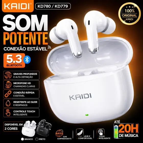 Fone Bluetooth KAIDI KD-780 KD-779 TWS Sem Fio Bluetooth 5.3 Touch HD Som Potente