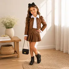 Conjunto Infantil Blogueirinha Jaqueta Com Ziper Frontal Manga bufante E Short Saia Plissada Com Botão