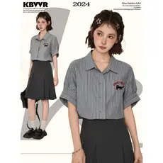 Estilo japonês cinza listrado camisa de manga curta feminina verão camisa polo camisa de ombro professor Commuter Wear t