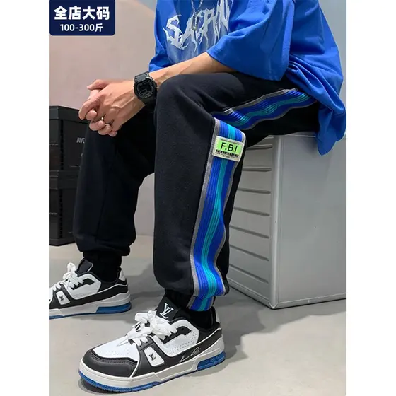 Calças esportivas masculinas primavera novo estilo listrado Sweatpants estudante Casual solto gordo mais gordura plus Si