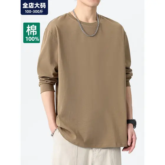 Manga longa puro algodão camiseta masculina novo estilo em torno do pescoço camisa de fundo masculino solto Casual gordo