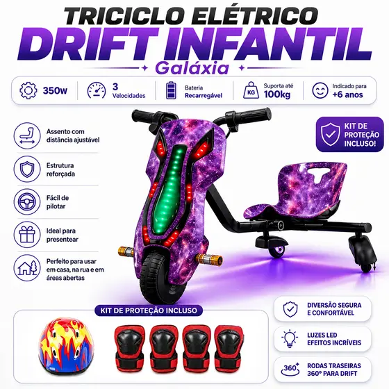 Triciclo Elétrico Drift 3 Velocidades 350w Bluetooth Led Adulto e Infantil