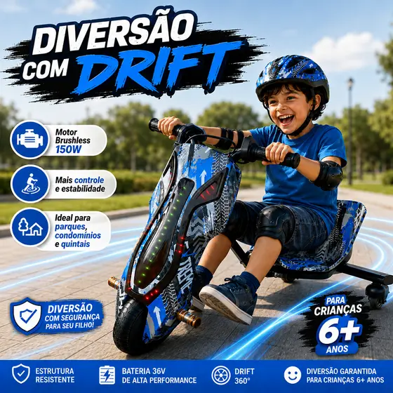 Triciclo Drift Elétrico 350W Bluetooth LED 3 Velocidades Até 65kg Infantil e Adulto