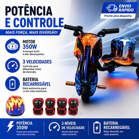 Triciclo Drift Elétrico 350W Bluetooth LED 3 Velocidades Até 100kg Infantil e Adulto