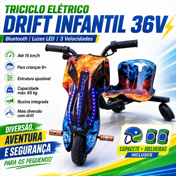 Triciclo Drift Elétrico 350W Infantil Bluetooth LED 3 Velocidades Até 65kg