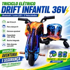 Triciclo Drift Elétrico 350W Infantil Bluetooth LED 3 Velocidades Até 65kg