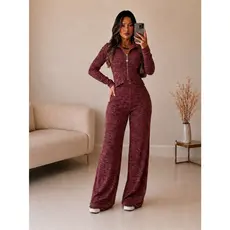 Conjunto Feminino Rib Canelado Pantalona Confortável Blusa Manga Longa Zíper
