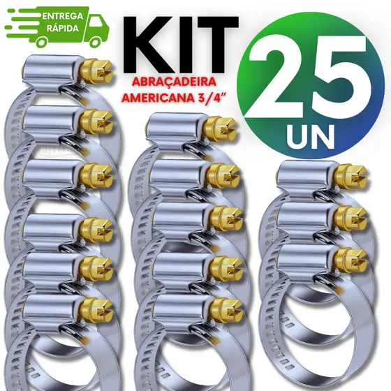 Kit 25 Abraçadeiras Americana 3/4 Inox Para Mangueira Gás E Jardim