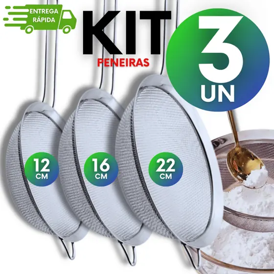 Kit 3 Peneiras Aço Inox 12/16/22cm Coador Farinha Suco Confeitaria