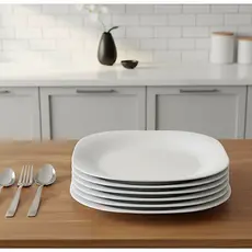 Jogo 6 Pratos Rasos Branco Quadrado Opaline Vidro Resistente Mesa Posta Luxo 28cm 123Útil