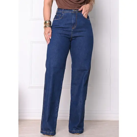 Calça Jeans Feminina Wide Leg Reta Flare Pantalona Cintura Alta 100% Algodão Levanta Bumbum Premium