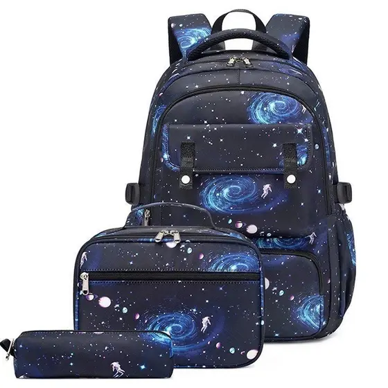 Conjunto de 3 Peças de Mochila Escolar com Padrão de Estrelas Espaciais, Mochila Impermeável, Bolsa para Almoço e Estojo