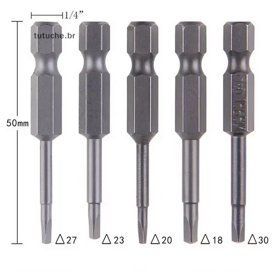 Conjunto de 5 Pontas de Chave de Fenda Magnéticas Triangulares TU, Aço S2, Haste Hexagonal de 1/4, 50mm BR