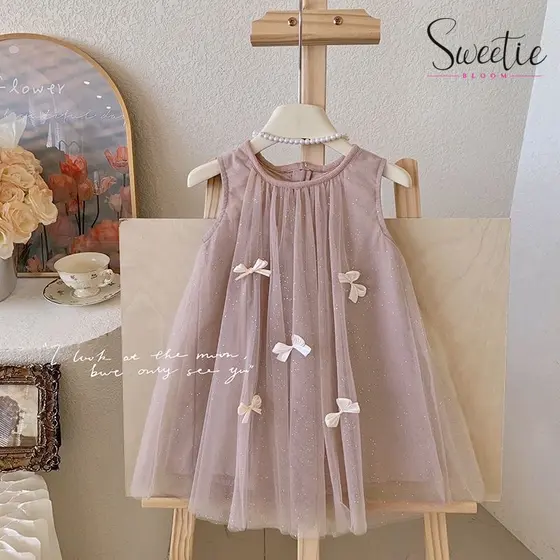 【SWEETIE BLOOM】2-11 anos Vestido Menina Sem Mangas Laço Tule Princesa Estilo Doce