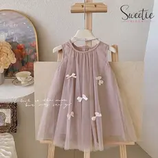 【SWEETIE BLOOM】2-11 anos Vestido Menina Sem Mangas Laço Tule Princesa Estilo Doce