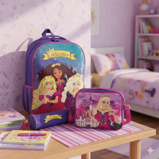Kit Mochila Infantil Escolar com 3 peças Princesas Rosa/Roxo - Sortido