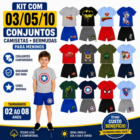 Kit 03 05 10 Conjuntos Infantil Menino Camisetas e Bermudas Cores Sortidas Tam 02 ao 08