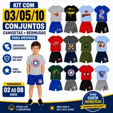 Kit 03 05 10 Conjuntos Infantil Menino Camisetas e Bermudas Cores Sortidas Tam 02 ao 08