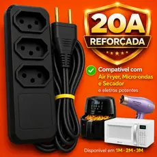 Extensão Elétrica 20A 3 Tomadas Bivolt 110 / 220 V Para Airfryer Micro-ondas Secador 1M 2M 3 Metros