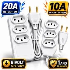 Extensão Elétrica 3 Tomadas 10A Ou 20A Cabo Bivolt Fio Reforçado 110 / 220 V Branca Metros