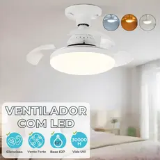 Ventilador de Teto Retrátil Lâmpada 3 Cores Silencioso 16W+12W 3 Pás Design Sofisticado Bivolt