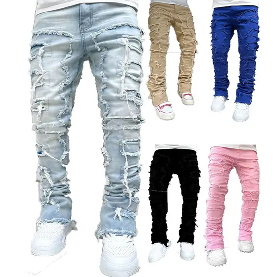 Europeu americano 2025 novo estilo masculino moda na moda remendo Jeans fino ajuste multicolorido elástico ligeiramente