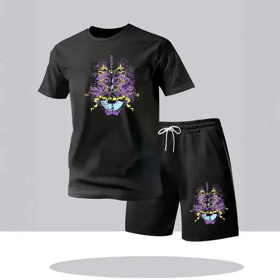Terno esportivo masculino estilo Street Wear preto impressão Digital manga curta + Shorts terno Casual de duas peças