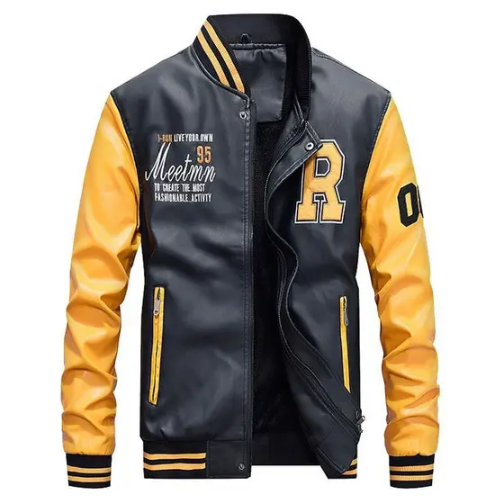 Jaqueta de couro masculina contraste cor estilo americano bordado gola de beisebol de alta qualidade uniforme da motocic