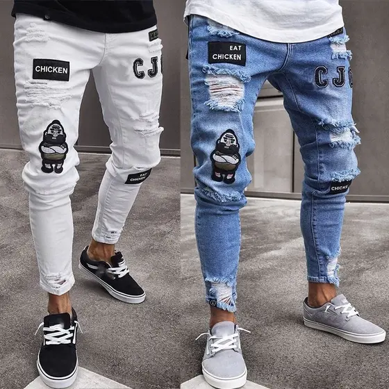 Badge Men Jeans Trendy Joelho Rasgado Zíper Calças Skinny Calças Rasgadas