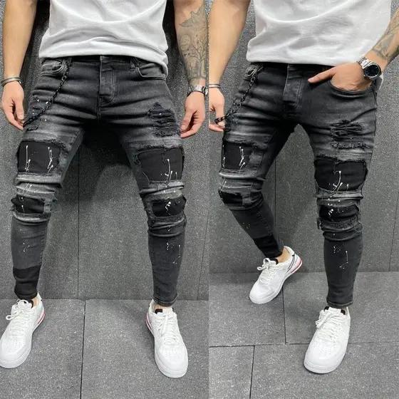 Masculino rasgado impresso jeans número vendas remendo estiramento jeans Skinny