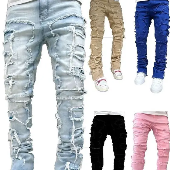 Moda masculina na moda estiramento borla remendo jeans calças retas