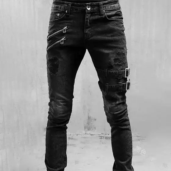 Calças de brim masculinas rasgadas magros motocicleta magro-ajuste moda jeans de alta resistência estiramento único jean