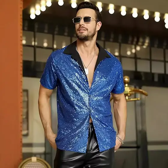 Camisa masculina de manga curta com lantejoulas e lapela discoteca brilhante estilo festa20260128