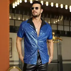Camisa masculina de manga curta com lantejoulas e lapela discoteca brilhante estilo festa20260128