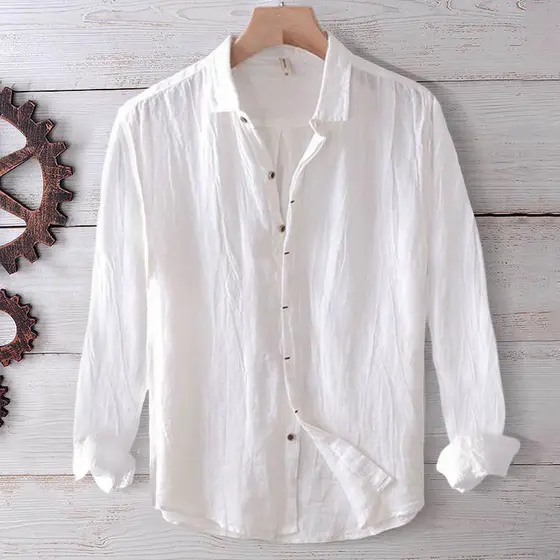 Quatro estações masculino casual cor sólida lapela camisa puro algodão linho respirável simples camisa masculina casual