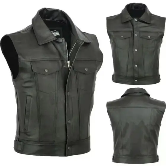 Colete excelente botão de zíper motocicleta Casual colete de couro masculino 6.23