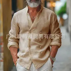 Homens primavera outono duplo Breasted gola alta cor sólida algodão linho camisa Casual de manga comprida camisa masculi