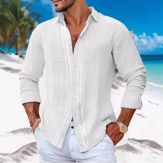 Camisa masculina botão de linho praia manga longa gola cor sólida primavera Casual roupas diárias 7.1