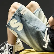 Shorts jeans masculino americano High street Hip Hop letras street Wear calças de cinco pontos solto lavado macacão Casu