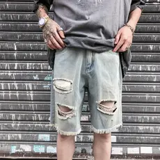 Europeu americano High Street KANYE lavado angustiado Retro pele grande buraco Casual Denim Shorts na moda cinco