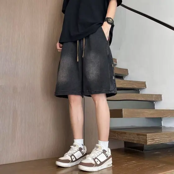 Europeu americano cor combinando Denim Shorts masculino botão costura cintura elástica cinco pontos calças médias finas