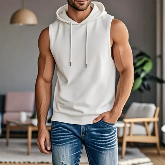 Colete masculino com capuz, esportivo, rufião, bonito, respirável, cordão, cor sólida, sem mangas, Top 7/