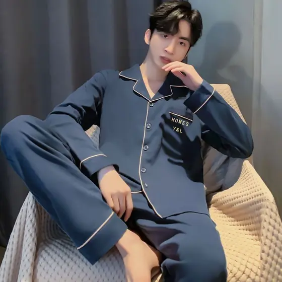 100% pijamas masculinos de alta qualidade calças de manga comprida terno de duas peças de meia-idade jovem Casual simple