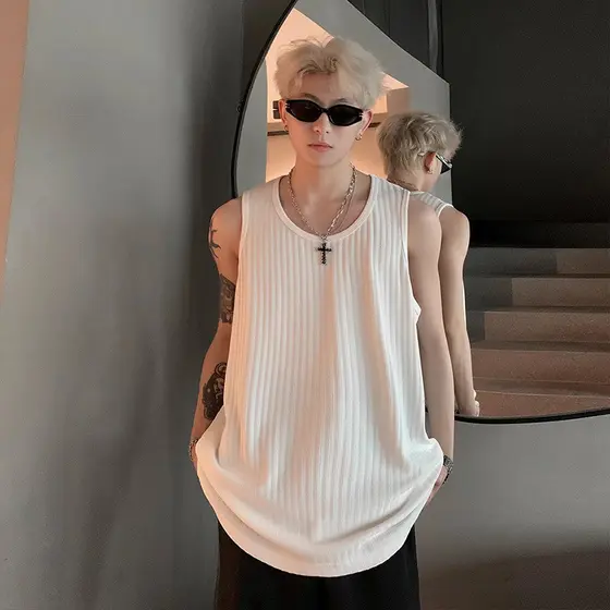 Colete com rosca de seda gelo texturizado masculino na moda solto esportes Fitness colete sem mangas camiseta Base inter